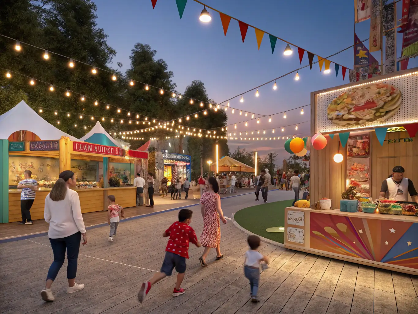 A vibrant image of a community festival with families enjoying activities and entertainment, representing the community events organized by Laetitia Sports and Cultural Center.