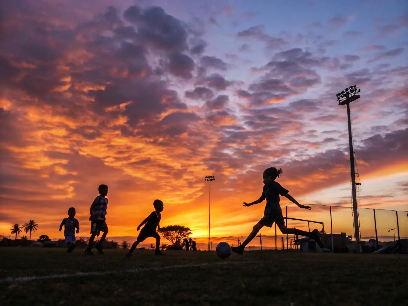 A lively image of children and adults playing basketball and soccer on the center's outdoor courts, showcasing the sports programs offered by Laetitia Sports and Cultural Center.