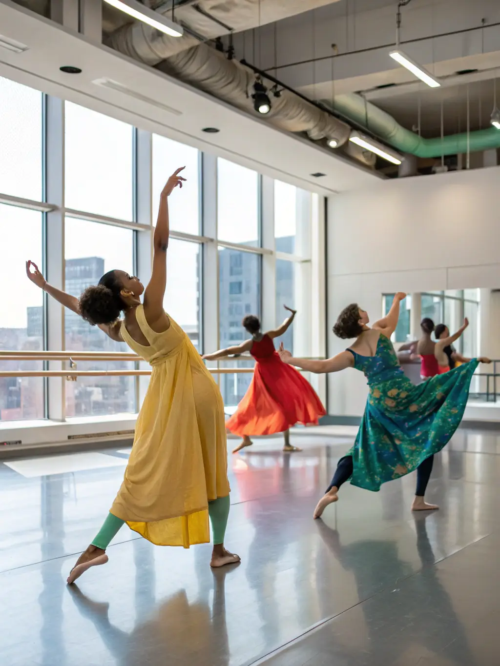 A dynamic photo capturing participants in a modern dance class at the Laetitia Cultural Center, emphasizing rhythm and creative expression.