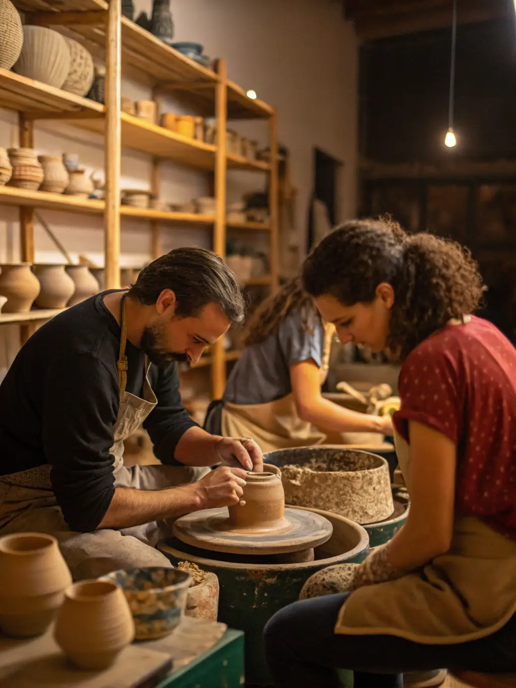 An image showcasing a pottery class at the Laetitia Cultural Center, with participants creating unique ceramic pieces.