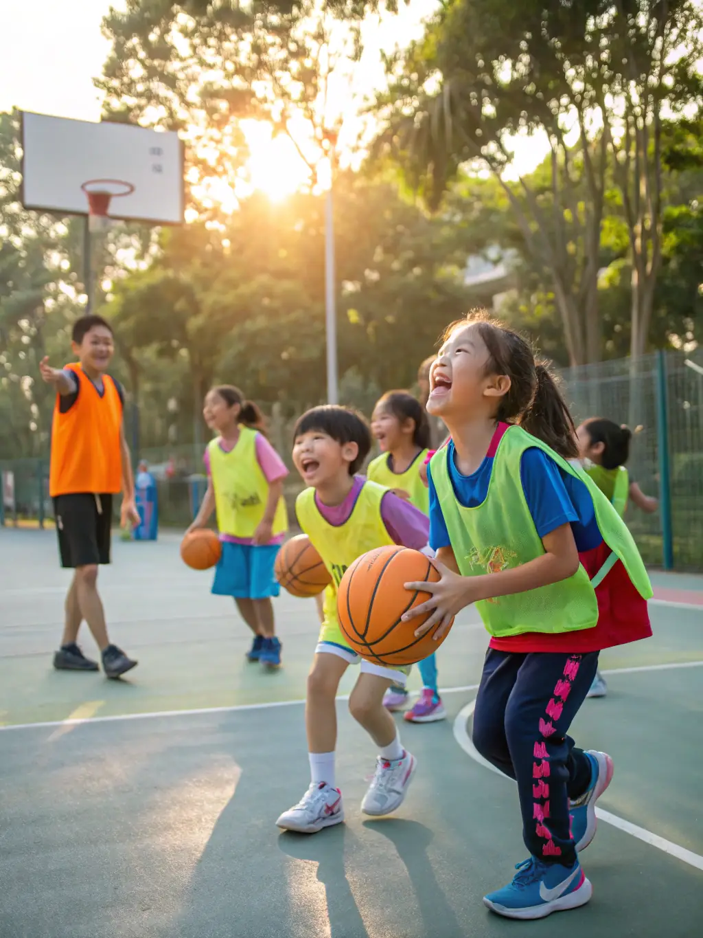 A vibrant image of children participating in a basketball clinic at the Laetitia Sports Center, focusing on teamwork and skill development.