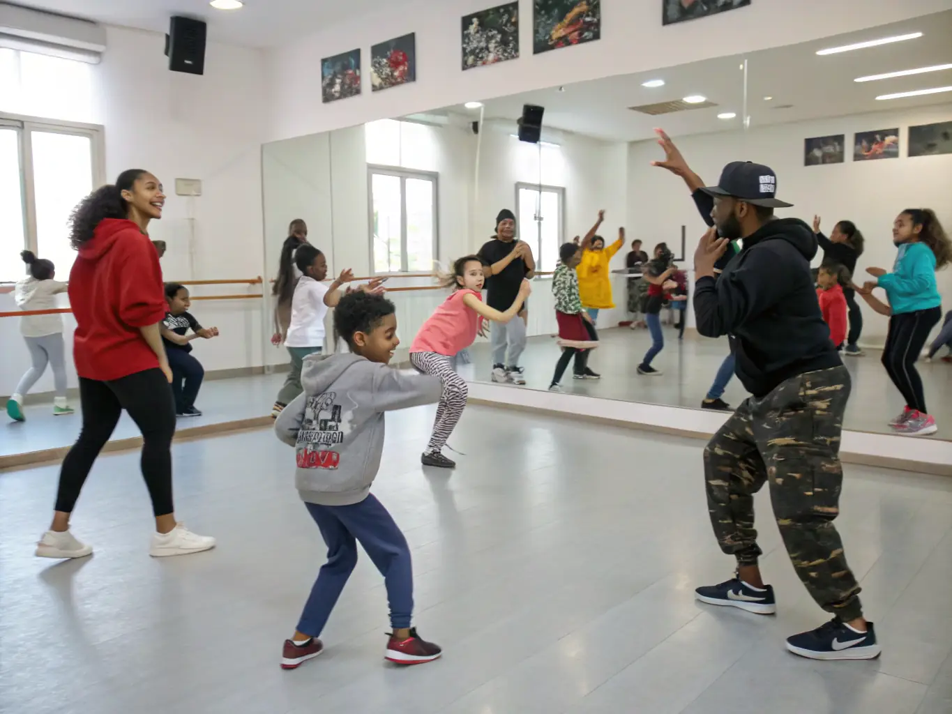 An engaging photo of a community dance workshop with participants of various ages, highlighting the cultural activities at Laetitia Sports and Cultural Center.