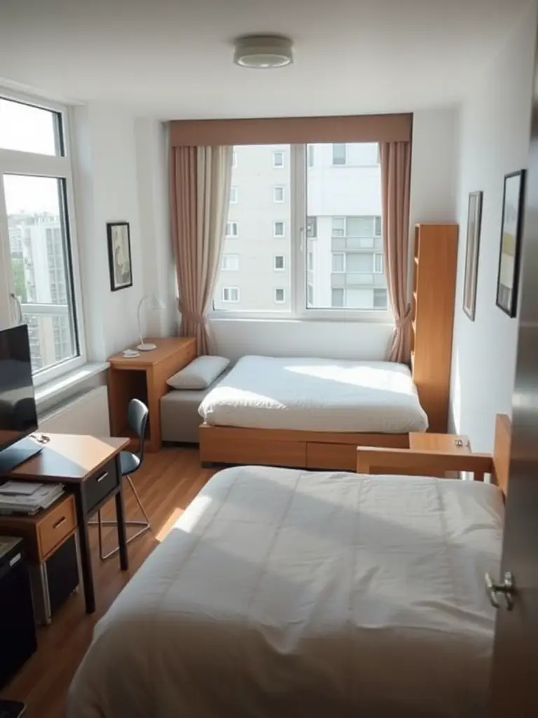 A brightly lit, modern studio apartment with a minimalist design, showcasing the affordability and style of PRMP's temporary housing solutions.