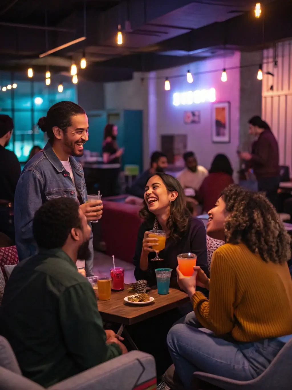 A vibrant and diverse group of students and young professionals gathered in a common area of a social residence, participating in a social event, illustrating the community-building aspect of PRMP's residences.