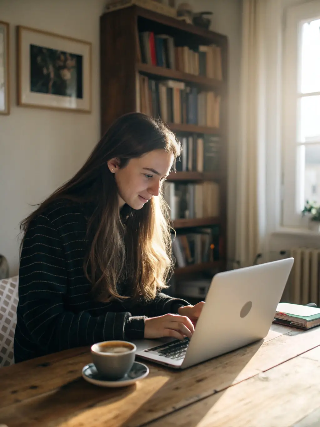 A young professional working on a laptop in a stylish, furnished studio apartment, emphasizing comfort and convenience.