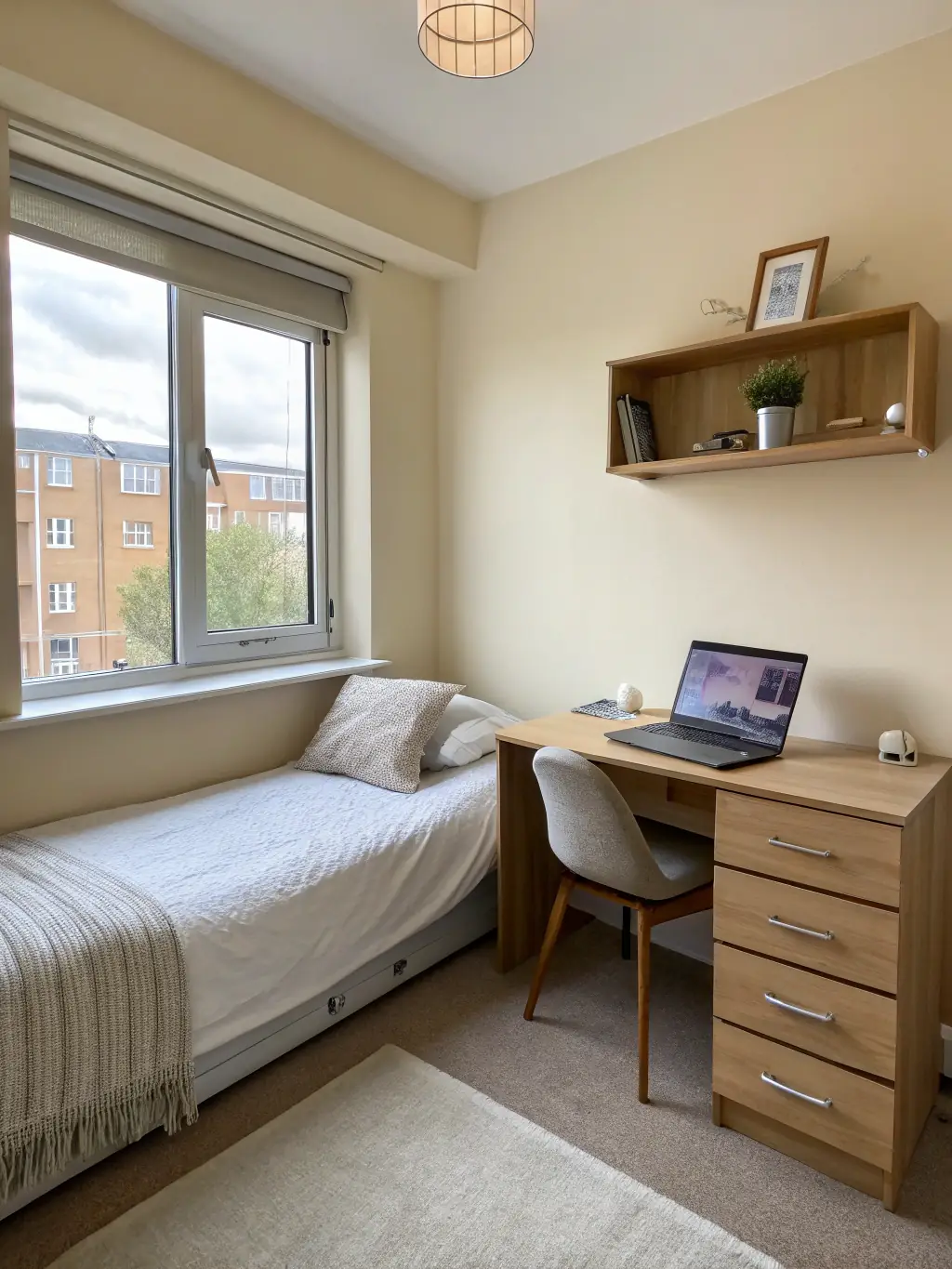A cozy furnished studio apartment with modern decor, a comfortable bed, and a workspace, highlighting the quality and comfort of PRMP's accommodations.
