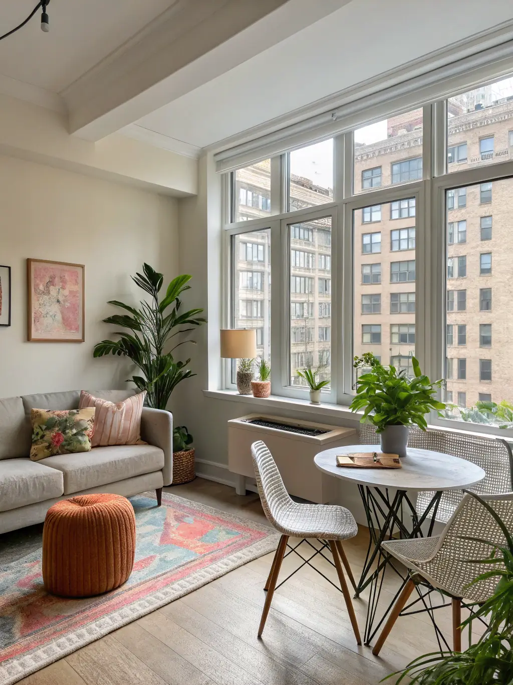 A brightly lit, modern studio apartment with a comfortable bed, a small kitchenette, and a desk, designed for young professionals in Paris, showcasing the convenience and style of PRMP's accommodations.