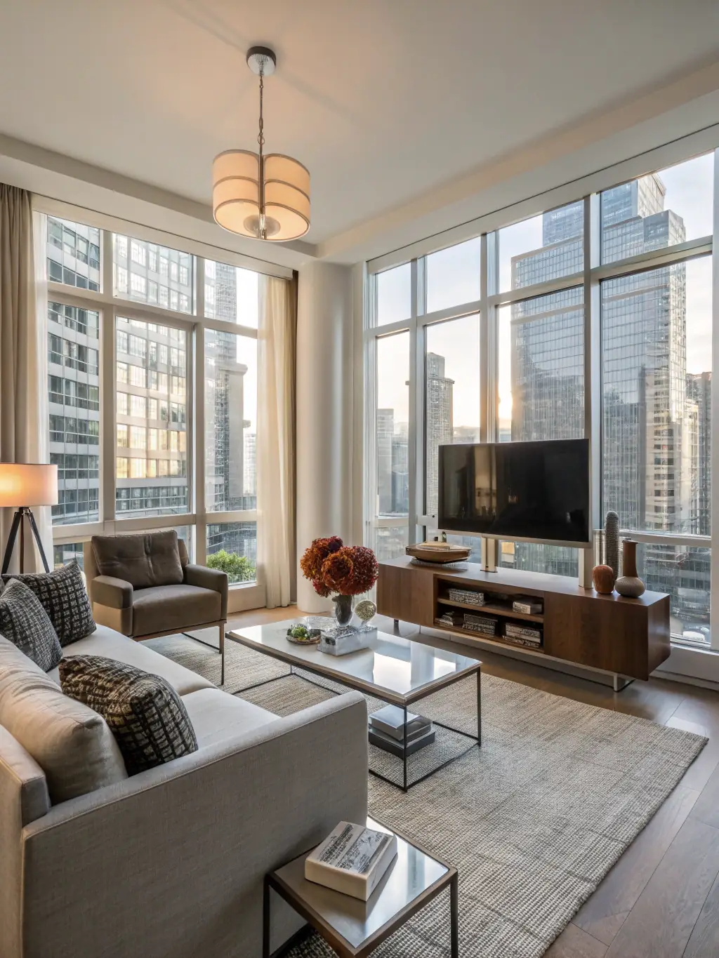 A spacious and fully furnished one-bedroom apartment with a living area, kitchen, and bathroom, designed for employees in mobility, highlighting the comfort and convenience of PRMP's longer-term housing solutions.