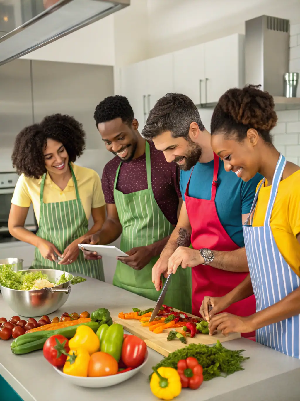 A communal kitchen in a student residence, with several young people cooking and socializing, emphasizing the community aspect of PRMP's residences.
