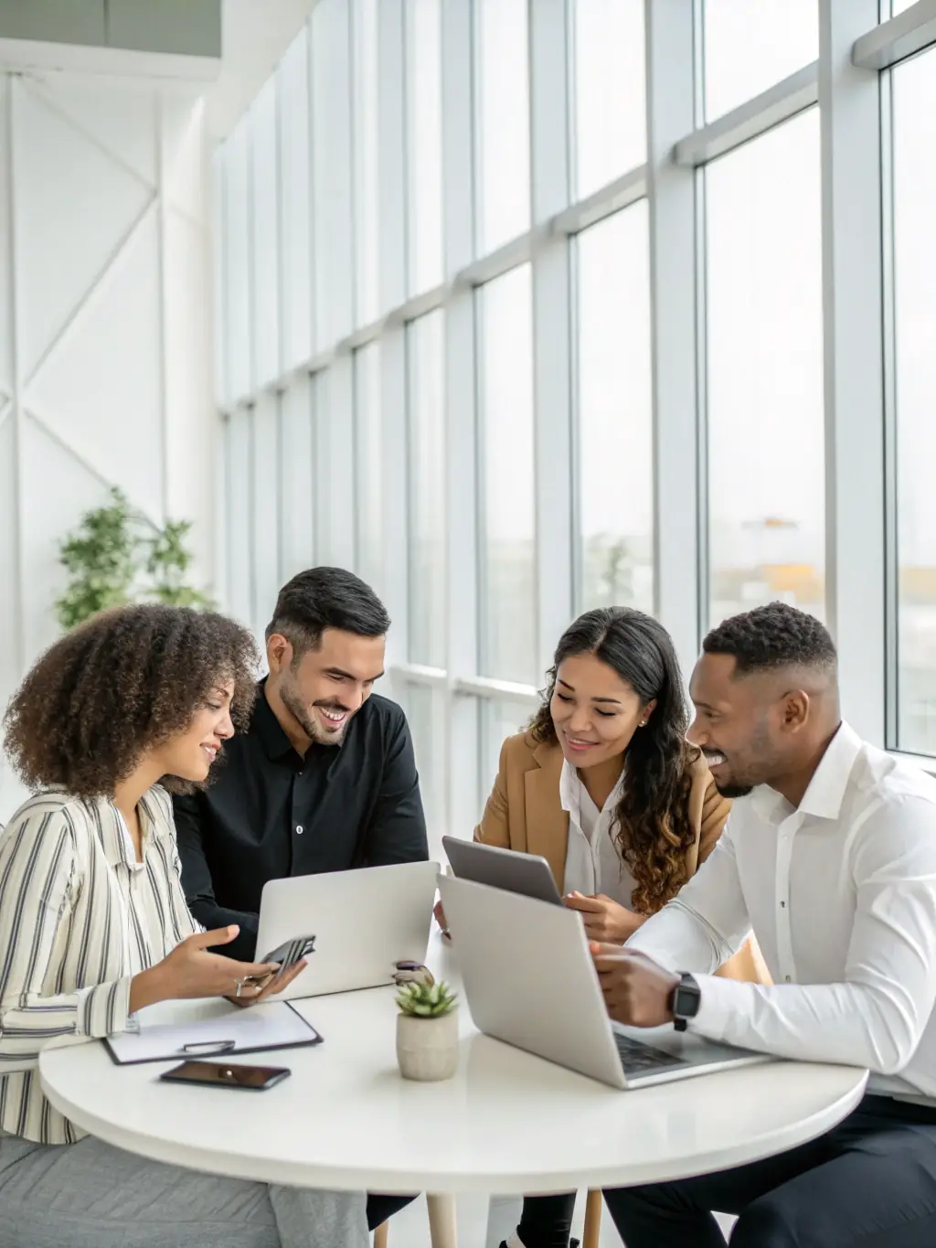 A diverse group of employees in mobility chatting in a shared kitchen of a furnished apartment complex, illustrating community and integration.