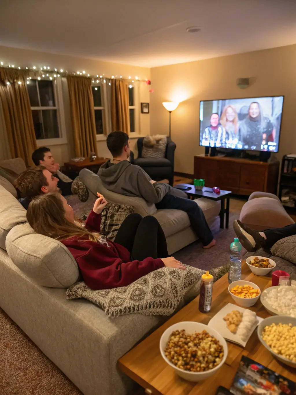 A vibrant social residence common area with students engaging in activities, showcasing community spirit and supportive environment.