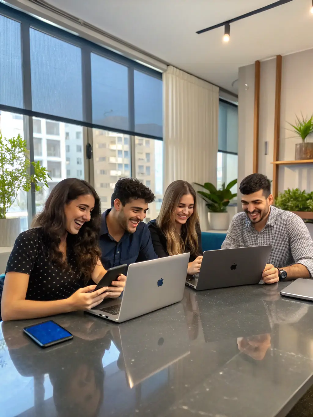 A group of diverse students studying together in a modern, well-lit common room of a student residence, showcasing a collaborative and supportive environment.
