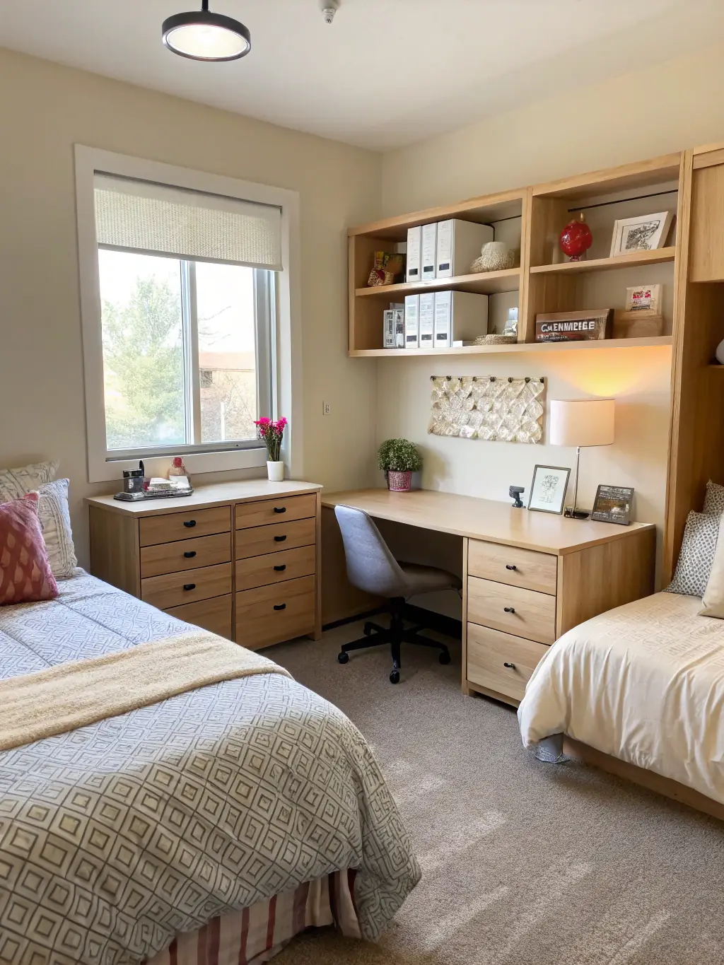 A cozy and inviting shared room in a student residence, featuring two beds, study desks, and storage spaces, emphasizing the community aspect and affordability of PRMP's student housing.