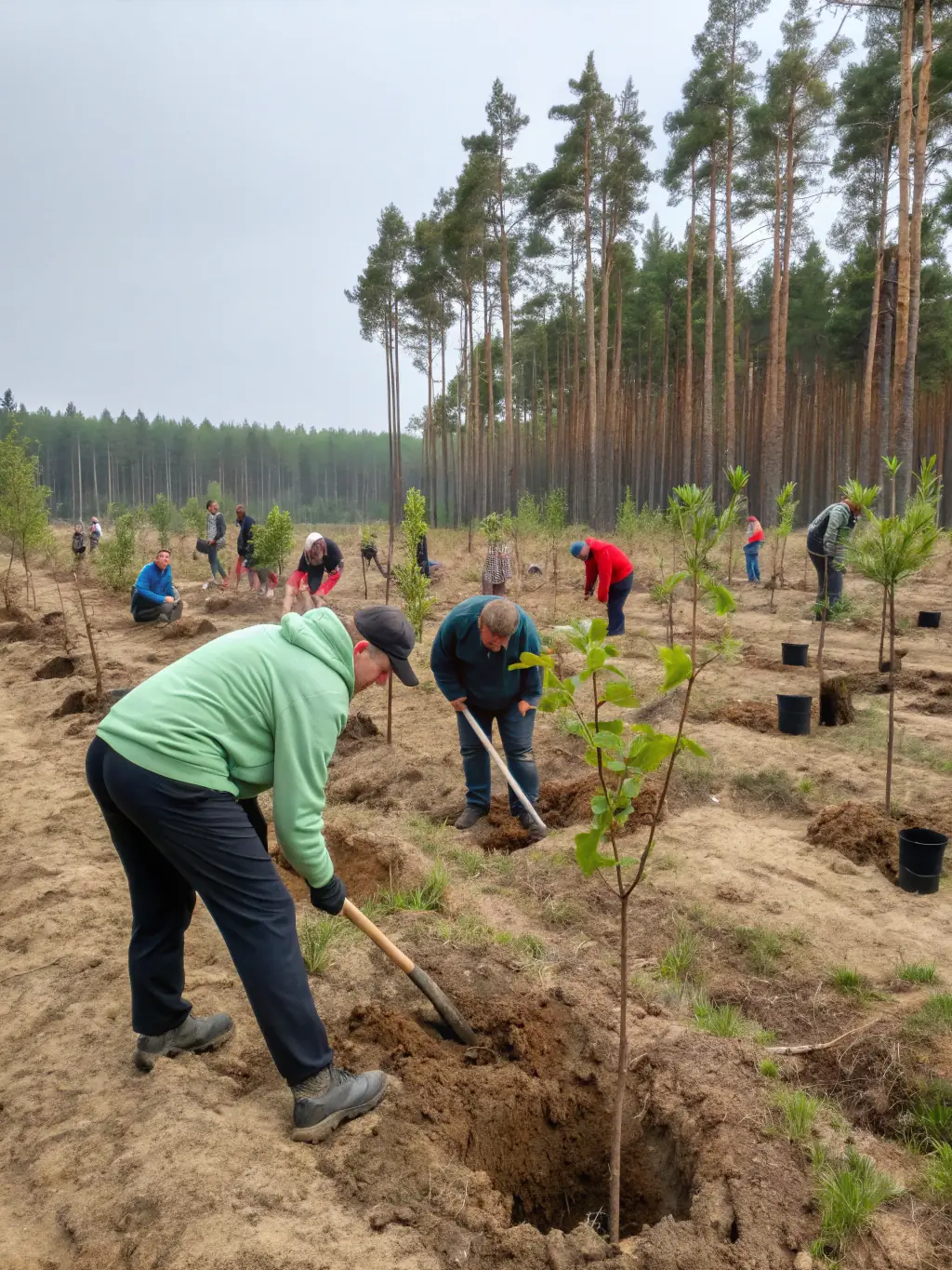 A photograph of volunteers planting trees in a deforested area of Puisaye, showcasing the reforestation efforts of the PSP.