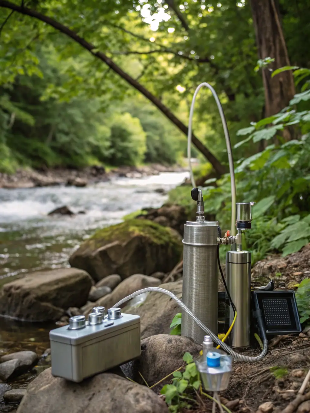 A picture of a PSP team member conducting a water quality test in a local river, highlighting the water monitoring program.