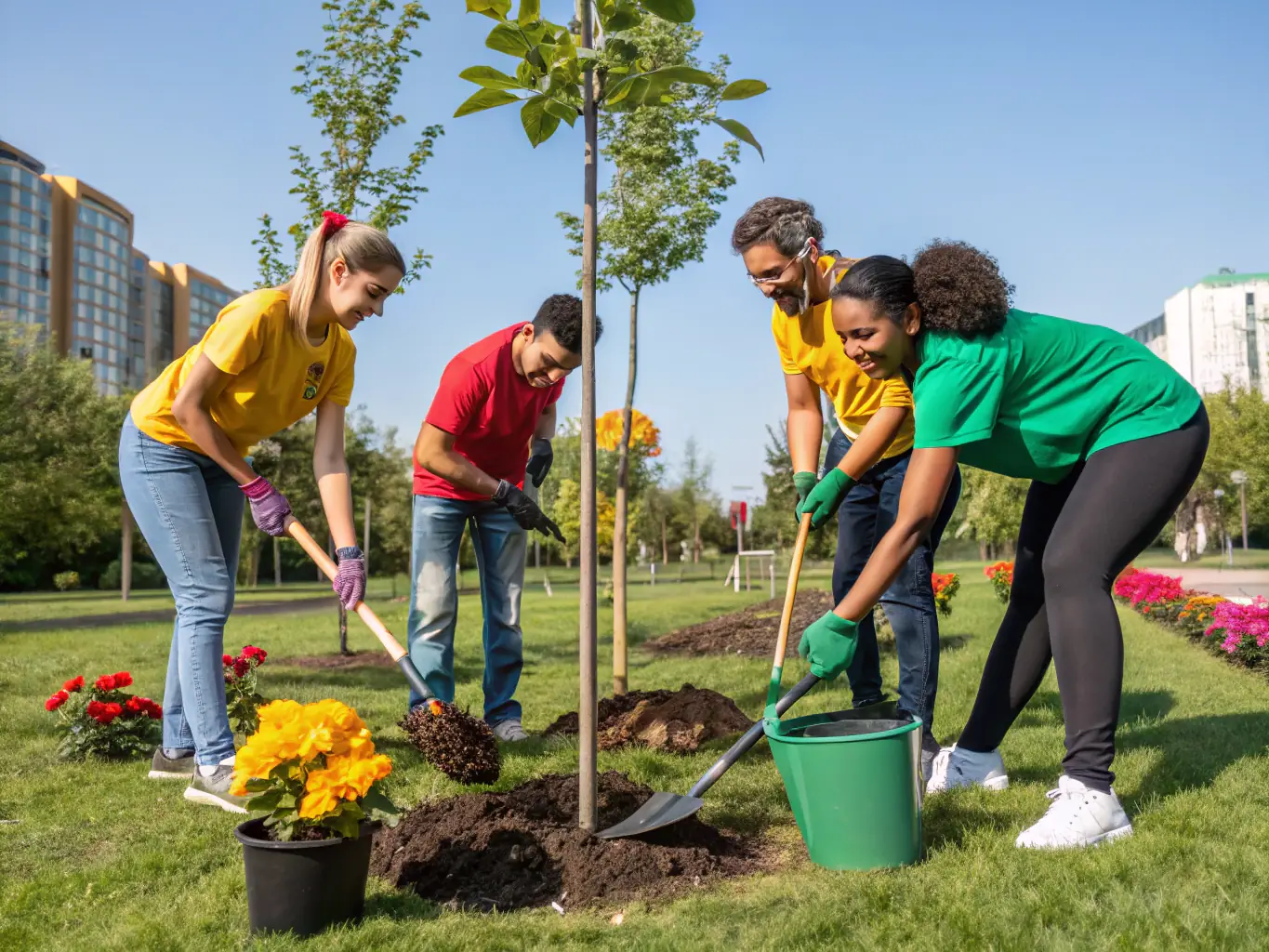 A group of volunteers planting native trees in a deforested area of Puisaye, illustrating the association's reforestation efforts.