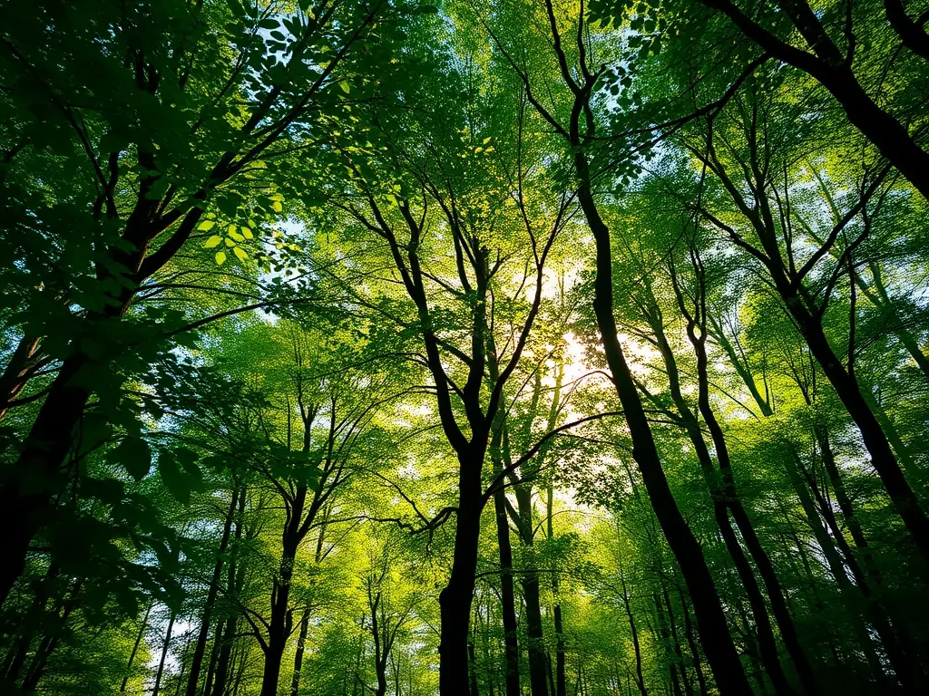 A lush green forest scene in Puisaye, showcasing the region's natural beauty, with sunlight filtering through the trees, highlighting the importance of forest conservation.